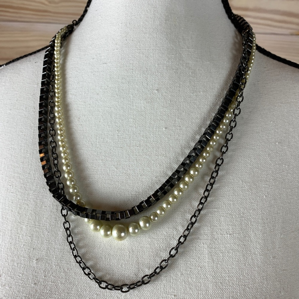 J.Crew Multi Strand Necklace Womens OS Gunmetal Pearl Layered Edgy Statement